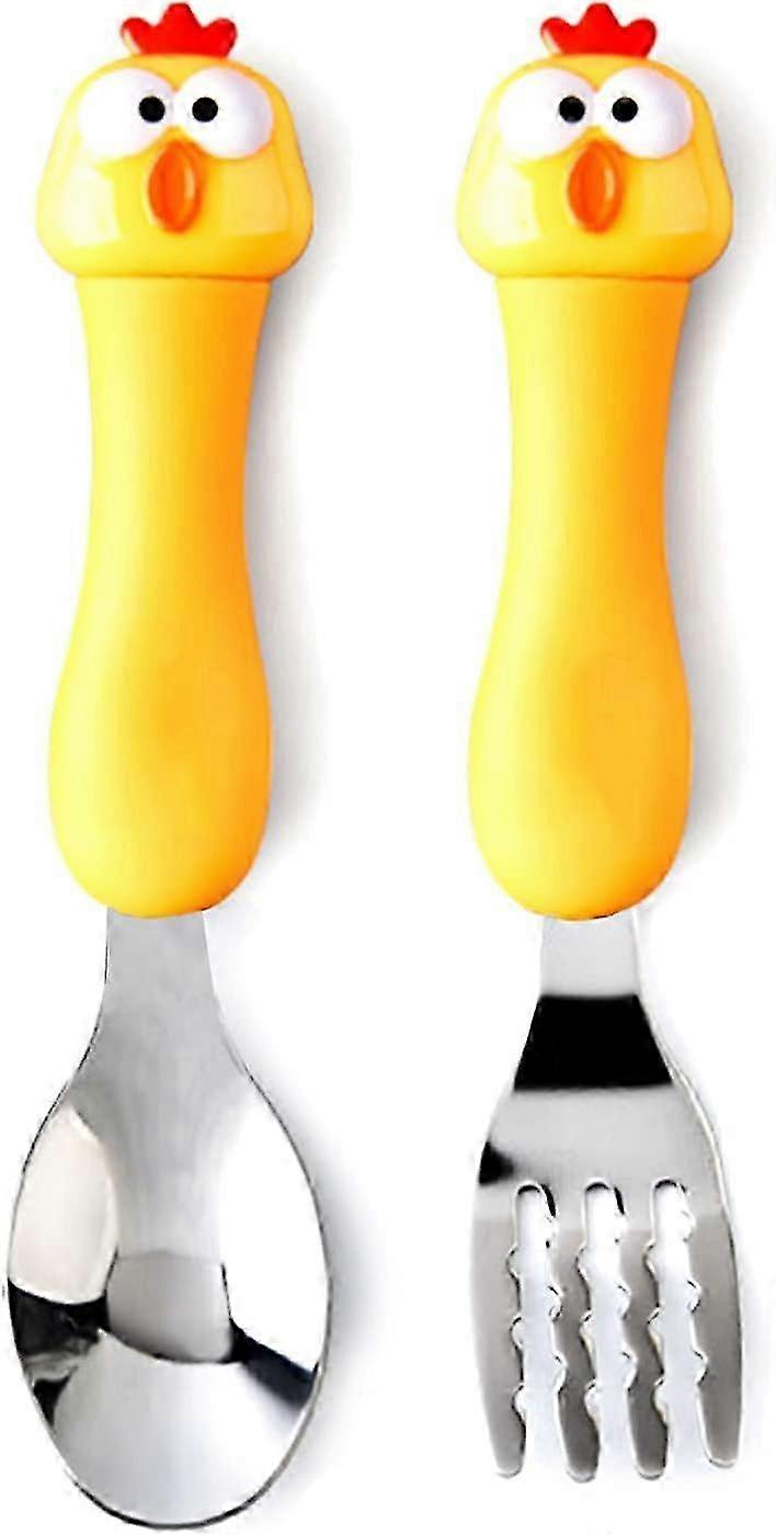 طقم أدوات مائدة JiaWei ، شوكة وملعقة من الفولاذ المقاوم للصدأ للأطفال 1 مجموعات ، مع كرتونية مع علبة (دجاج) mBG