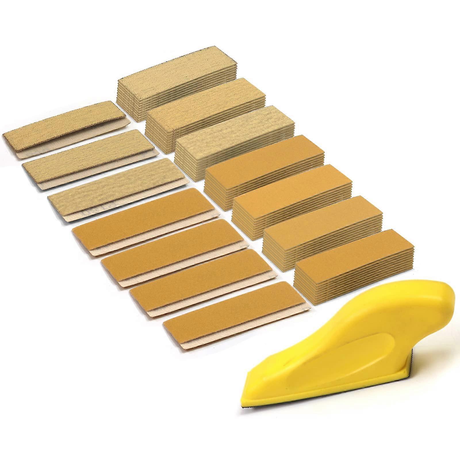 70 Sheets Micro Detail Sand Paper Kit with 3.5”x 1” Hand Sanding Block, Wet Dry Hook & Loop 80 to 600 Grit for Wood and Metal Finishing