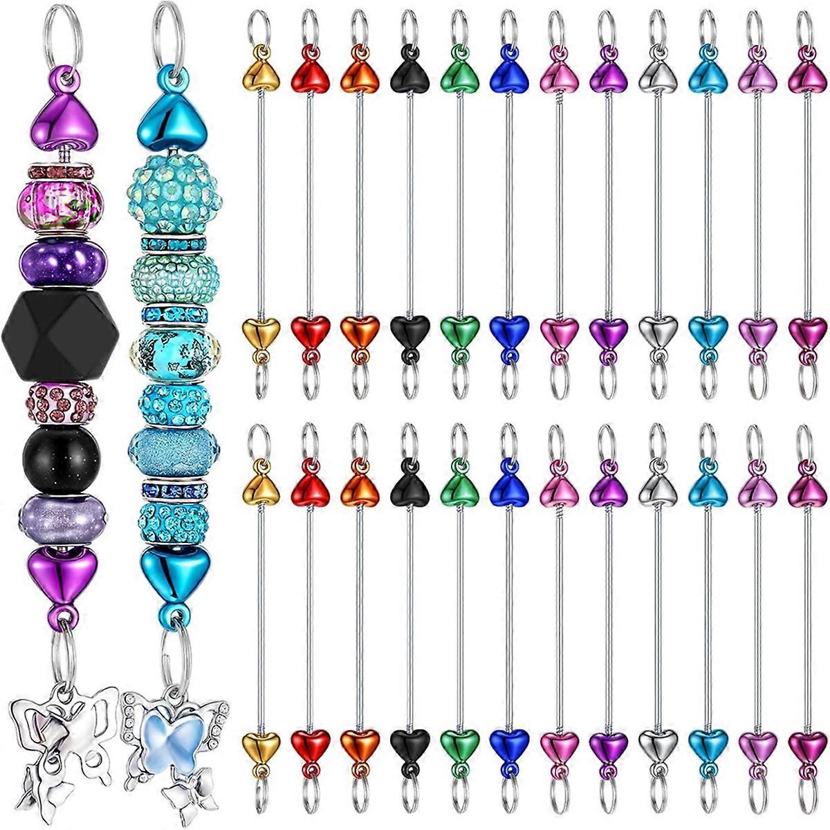 24 Pieces Beaded Keychains Bulk Blank DIY Metal Heart Shaped Beaded Keychain Detachable Keychain Ma