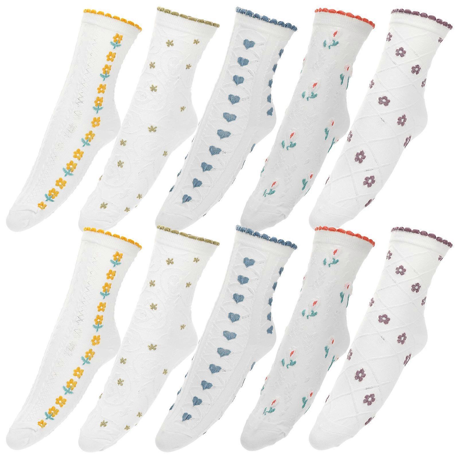 Floral Socks Women Mid Calf Length Cotton Socks Elastic Design Breathable 5Pairs
