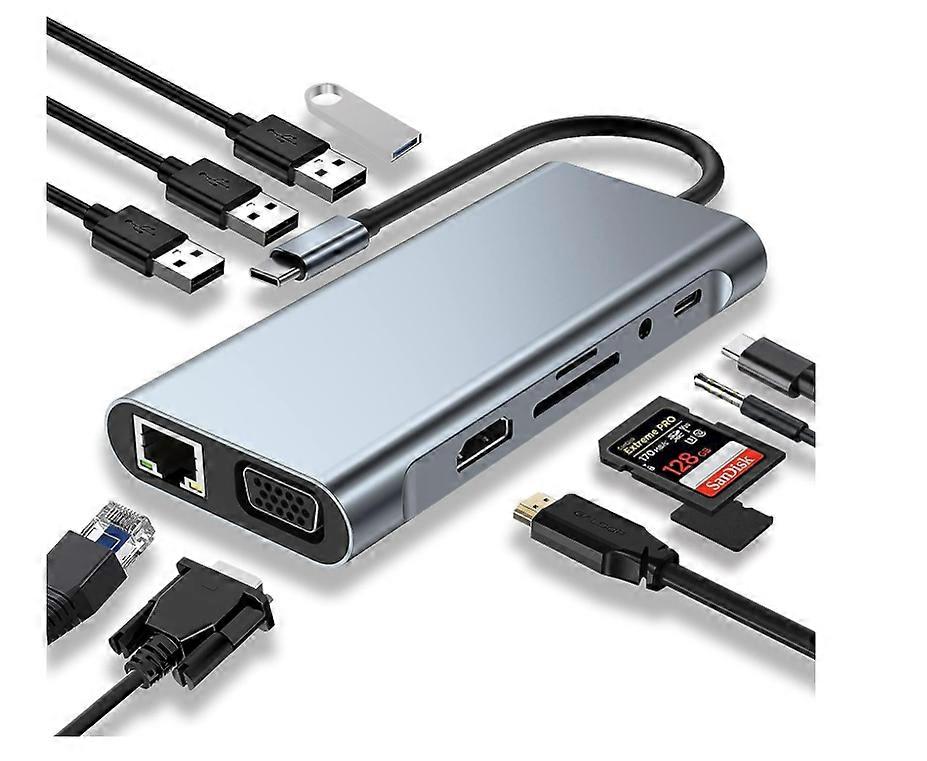 11-in-1 USB C Adapter with 4K-HDMI, VGA, USB 3.0 port, Type C PD, RJ45 Ethernet, SD/TF Card Reader, 3.5mm AUX(Gray)