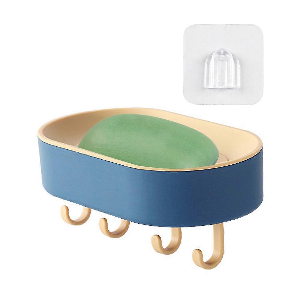 Hangable Soap Box Perforation-Free Bathroom Soap Storage Rack With Hooks-Blue