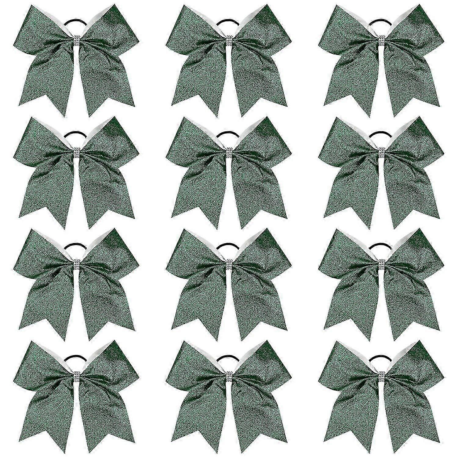 12 PCSラージグリッターチアボウグリーンラインストーン8 "キラキラヘアボウチアリーダーソフトボールチームボウヘアアクセサリーチアリーダーサッカーコンペット用