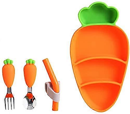 Baby Plates, Carrot Silicone Split Toddler Plates, NonSlip Suction Plates with Spoon, Fork Straw for , Baby and