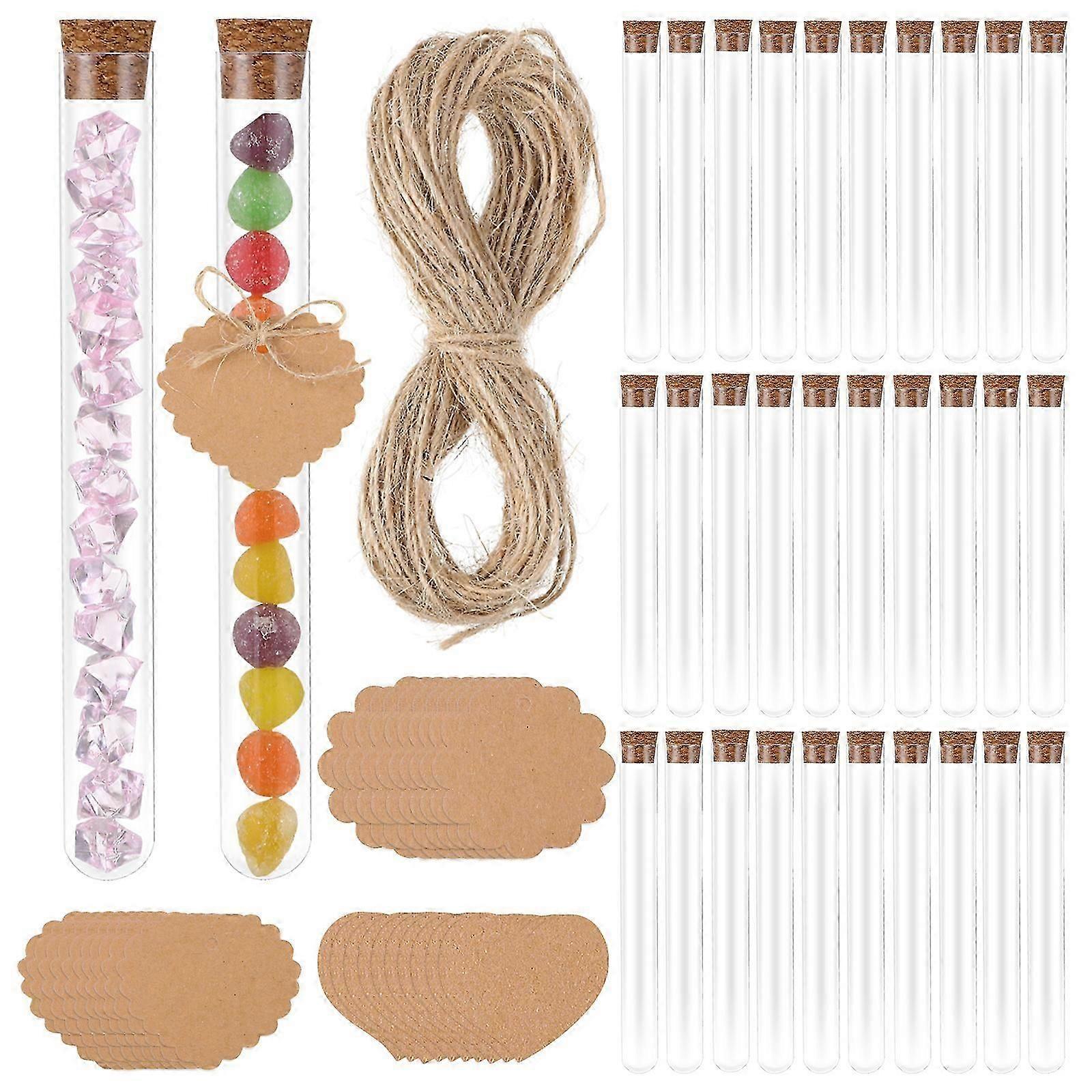 30 Pcs Plastic Test Tubes with Cork Stoppers Clear Test Bottles Transparent Sealing Test Tubes with Labels and Hemp Rope