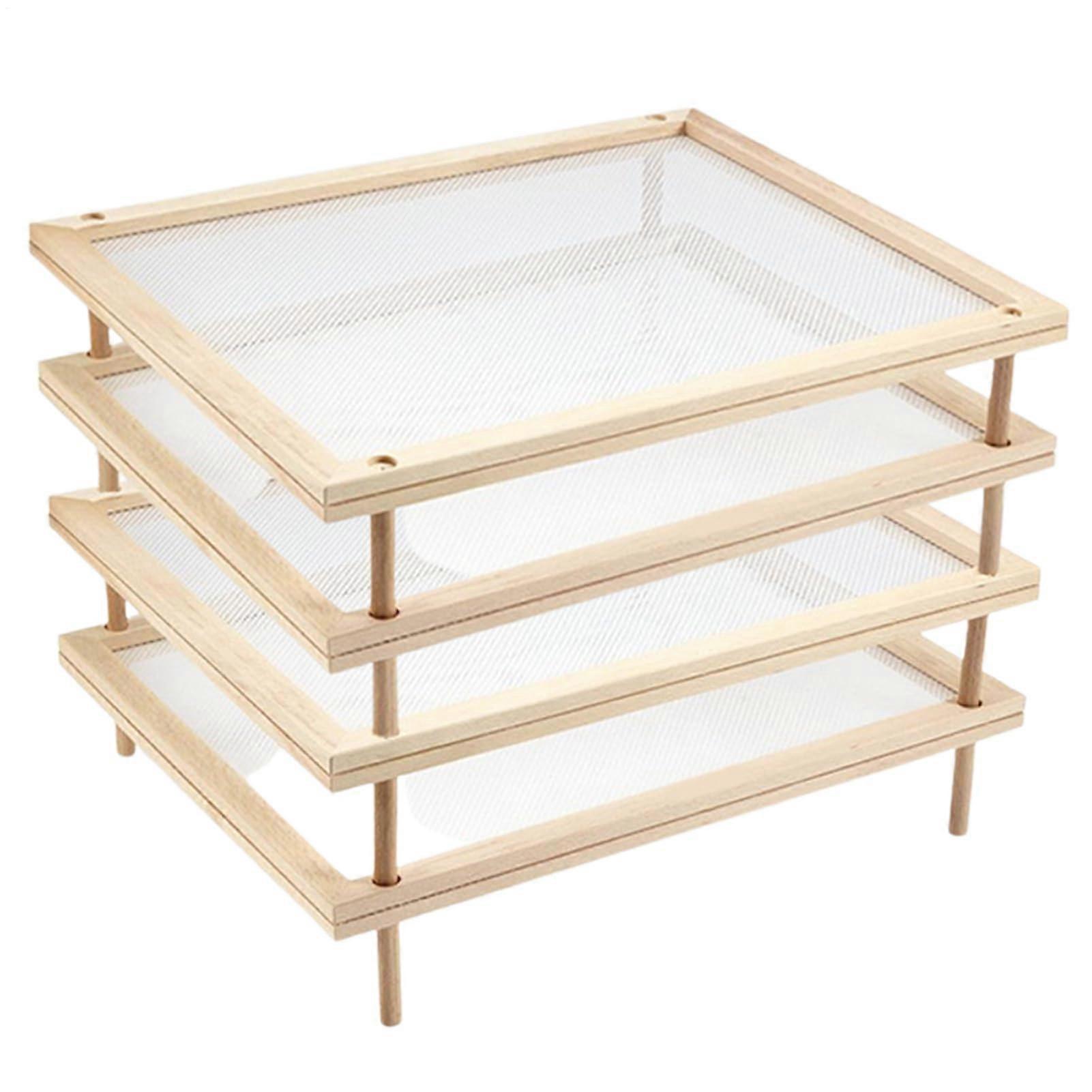 Herb Drying Rack - Wooden Double Layer Pasta Dehydration Tool with Net, Polished Open Storage for Kitchen, 4-Tier Food Drying Rack