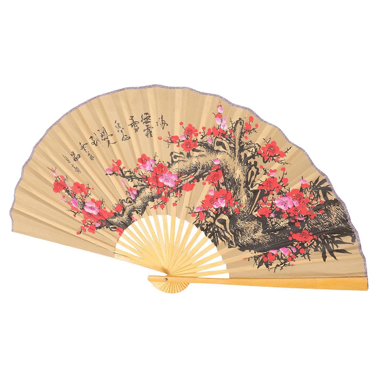 Chinese Folding Paper Fan Wall Decor with Blossom Design, Lightweight Wooden Frame, Ornament for Living Room and Party Decoration
