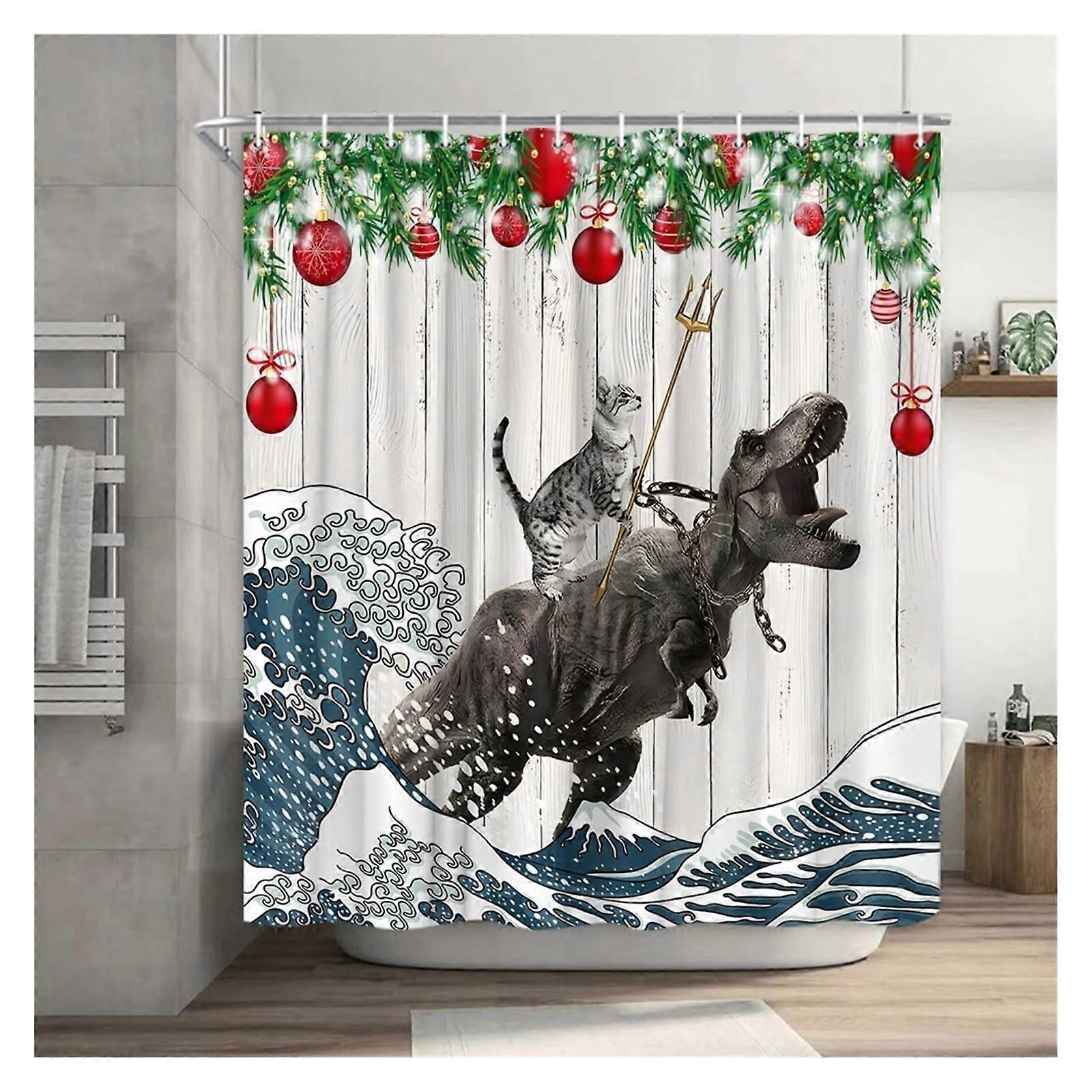 Funny Cat Shower Curtain, Cool Cat, Dinosaur, Japanese Ocean Wave (180x230cm)