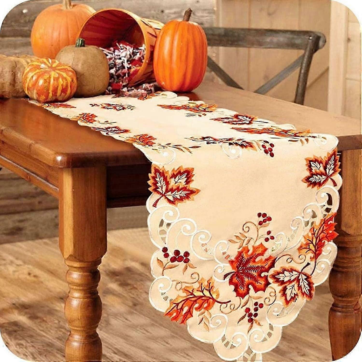 15 x 67 Inch Embroidered Maple Leaves Table Runner, Handmade Table Cover for Fall and Than