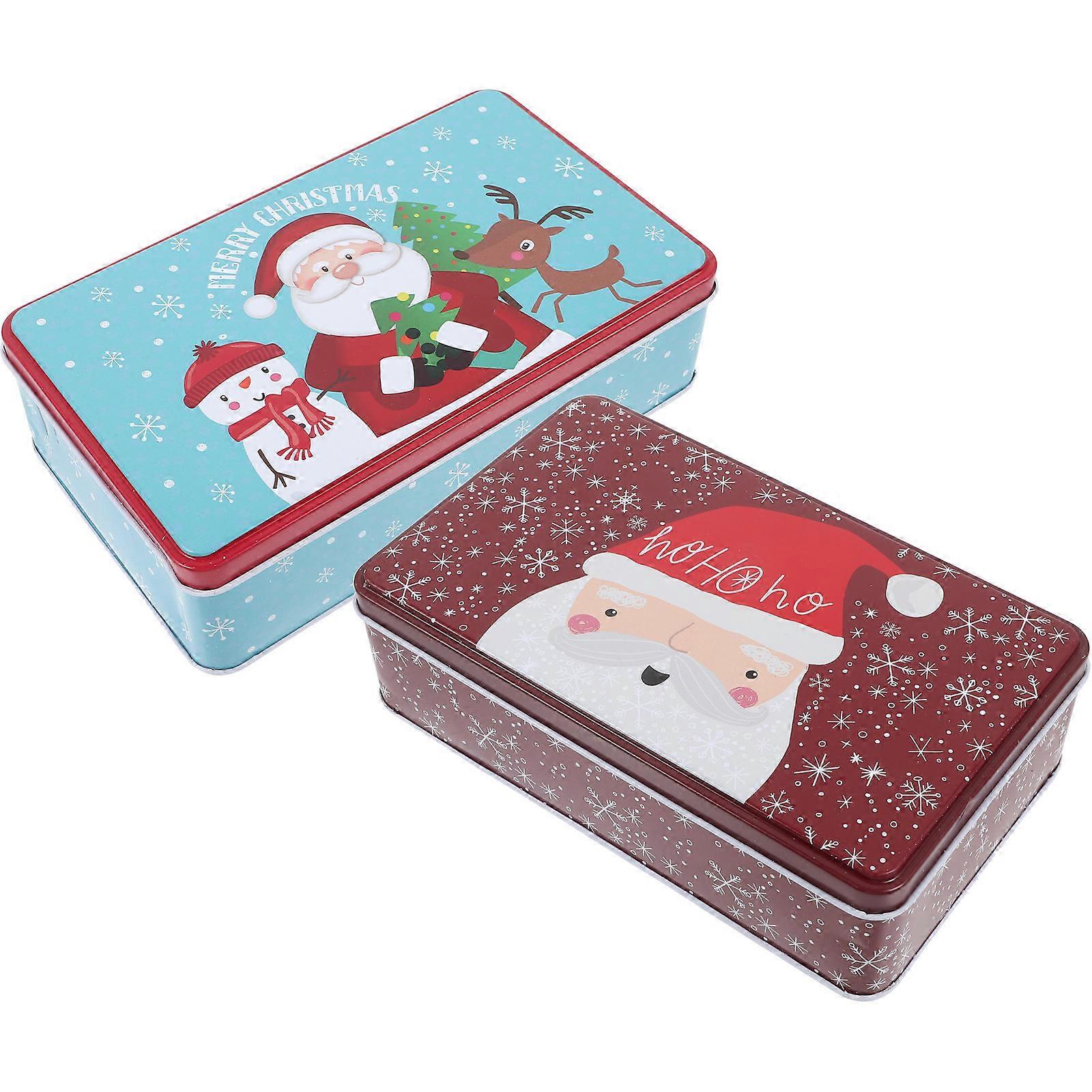 2pcs Christmas Candy Tins Tinplate Empty Boxes Cartoon Storage Containers for Christmas Party Favors