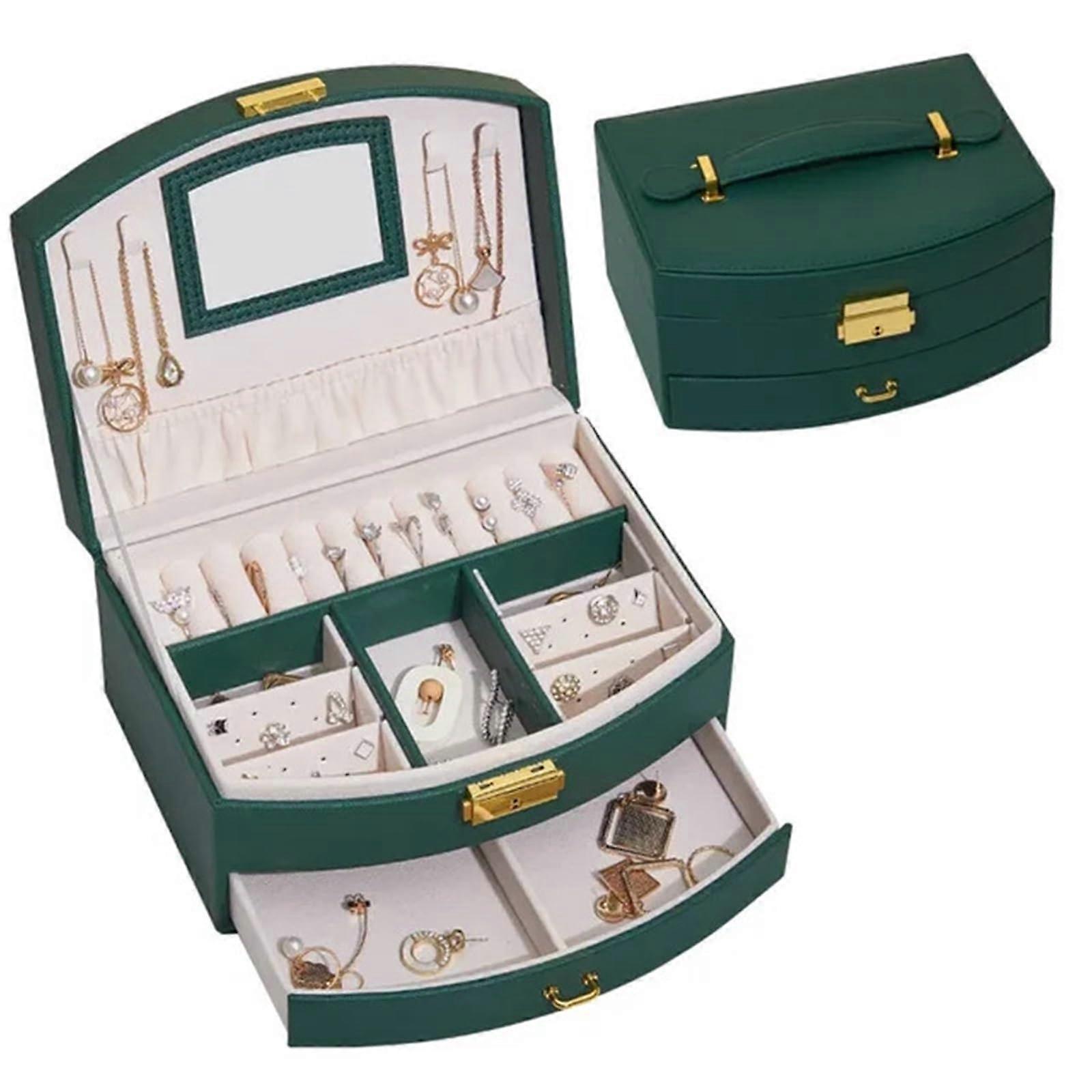Luxurious, multilayered leather jewelry storage box with drawer and lock, quality, multifunctional organizer with large capacity (A002Green).