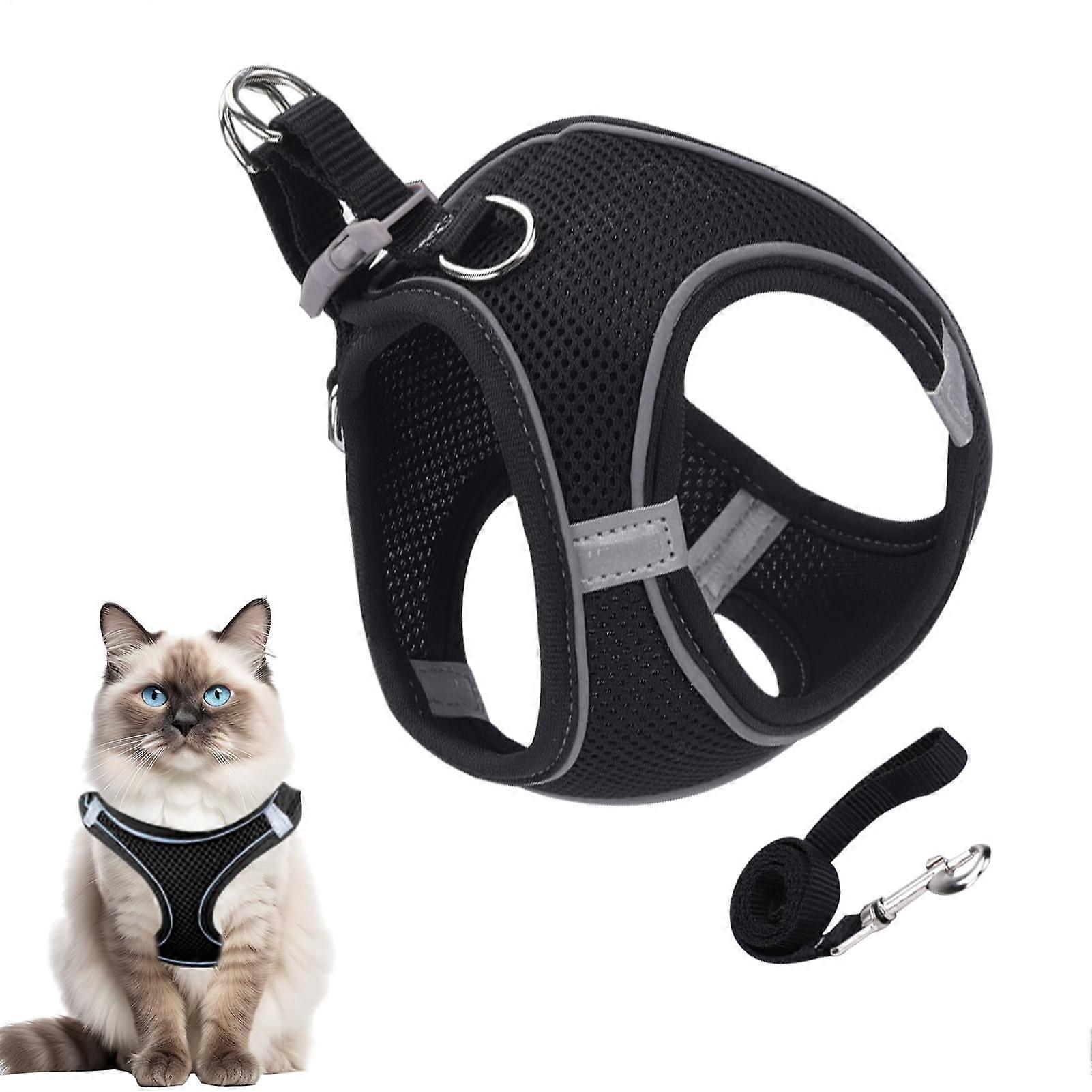 Escapeproof cat harness, soft mesh vest with reflective strips, pet accessories for small, medium, large animals, travel backpack, black M.