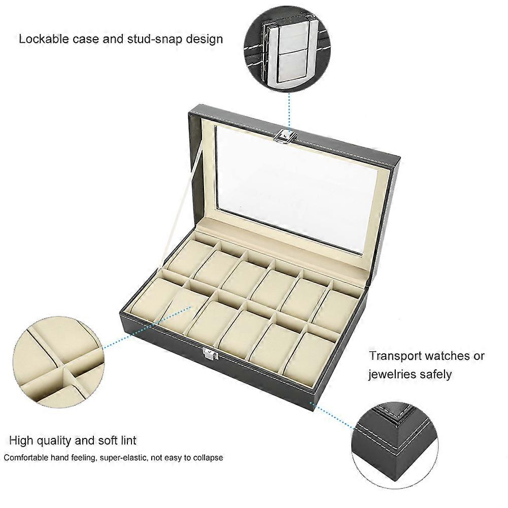 12 Grids PU Leather Watch Display Case Storage Box Organizer Watch Jewelry Display Box