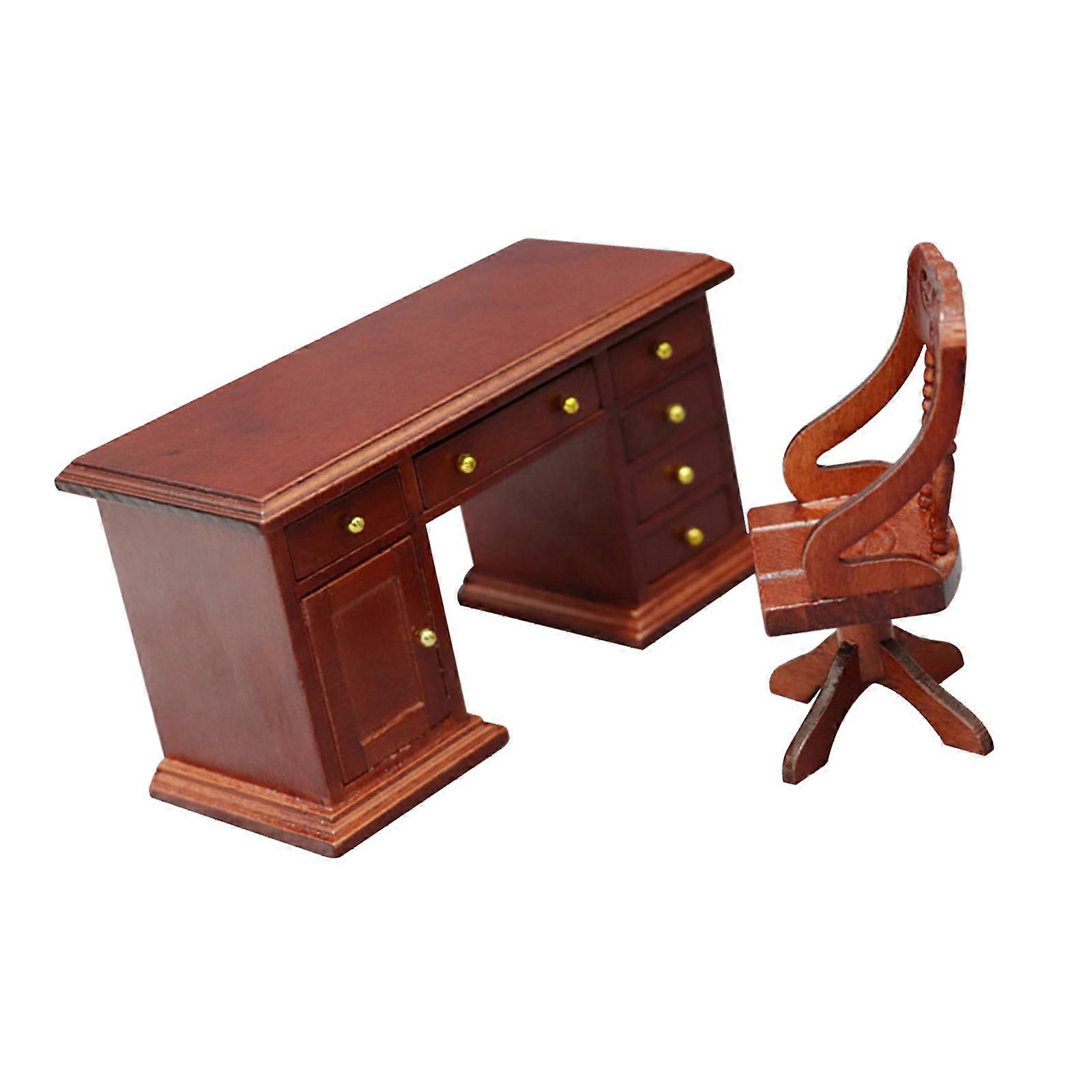 Constructed Historical Miniature Office Desk With Coordinating Chair Tiny Wooden Study Addition Multicolor