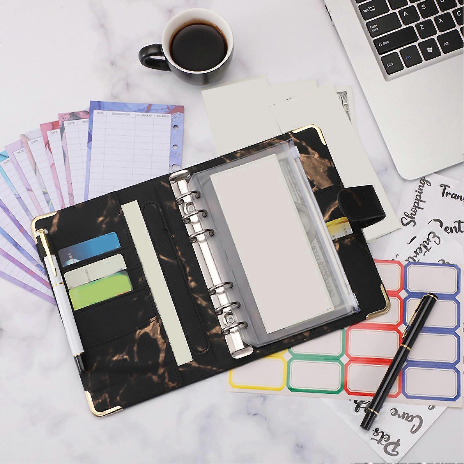 A6 PU Leather Budget Binder A6 Notebook Binder for Budgeting Money Saving Folder Marble Pattern Corner Protector Black