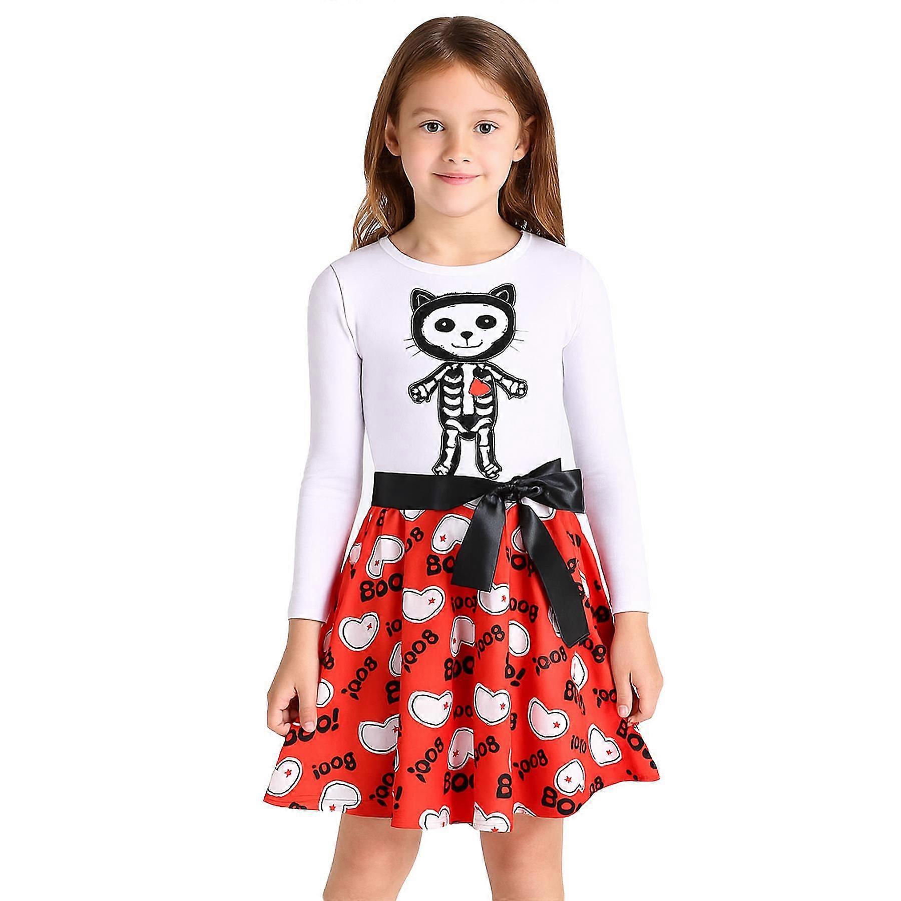 Kids Girls Skater Long Sleeves White Panelled Cat Skeleton Halloween Dresses