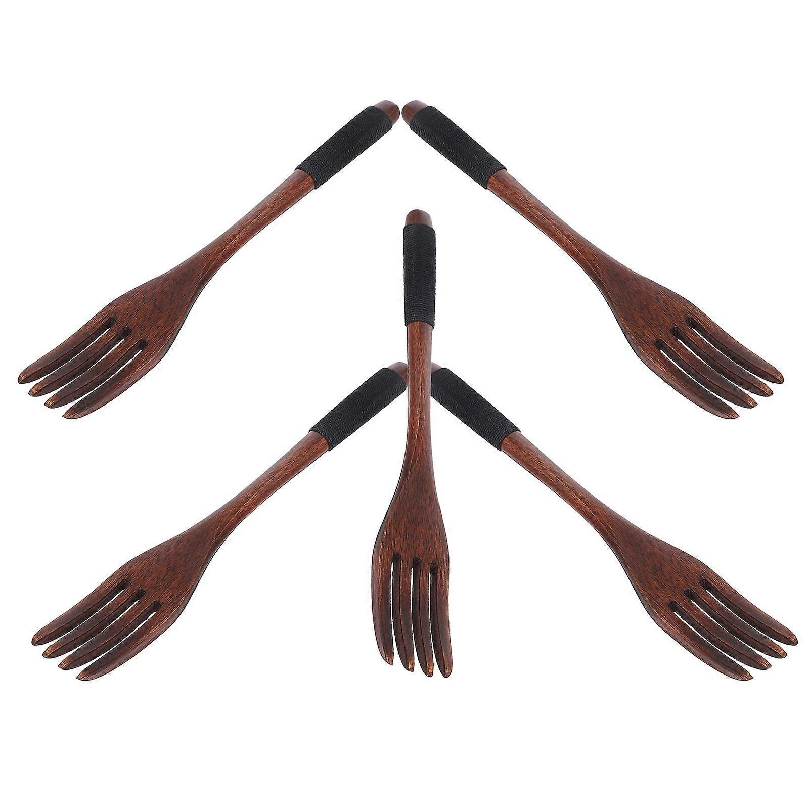 Wooden Forks Japanese Style Reusable With String Wrapped Handle For Dining Family Meals Dessert Salad Appetizer 5Pcs