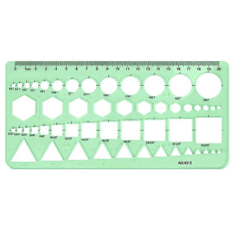 Green Plastic Circles Squares Hexagons Geometric Template Ruler 0-20cm
