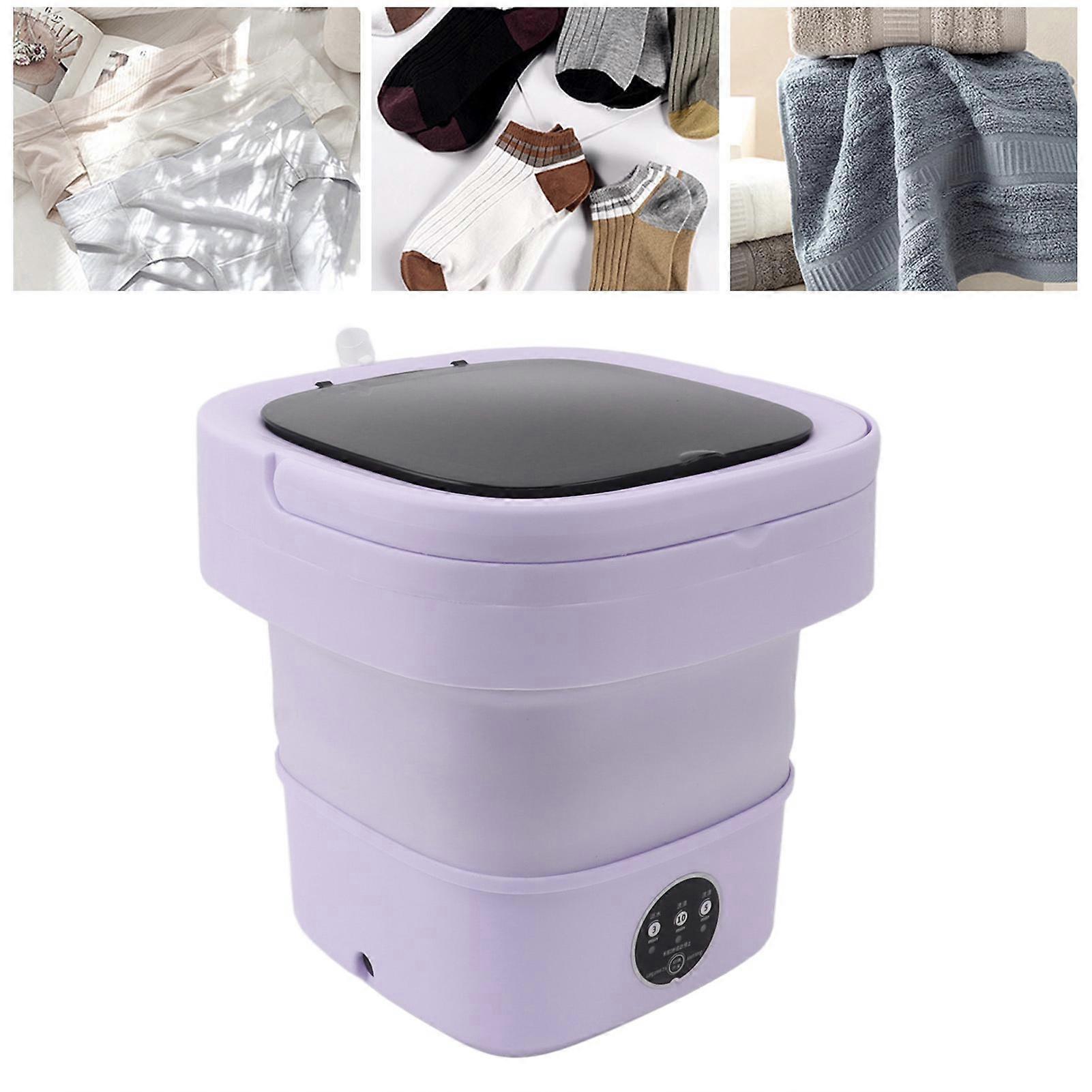 Small Folding Washing Machine TPE and PP 100‑240V Built in Dehydrator 6L Mini Portable Bucket Washer for Underwear Sock Purple US Plug