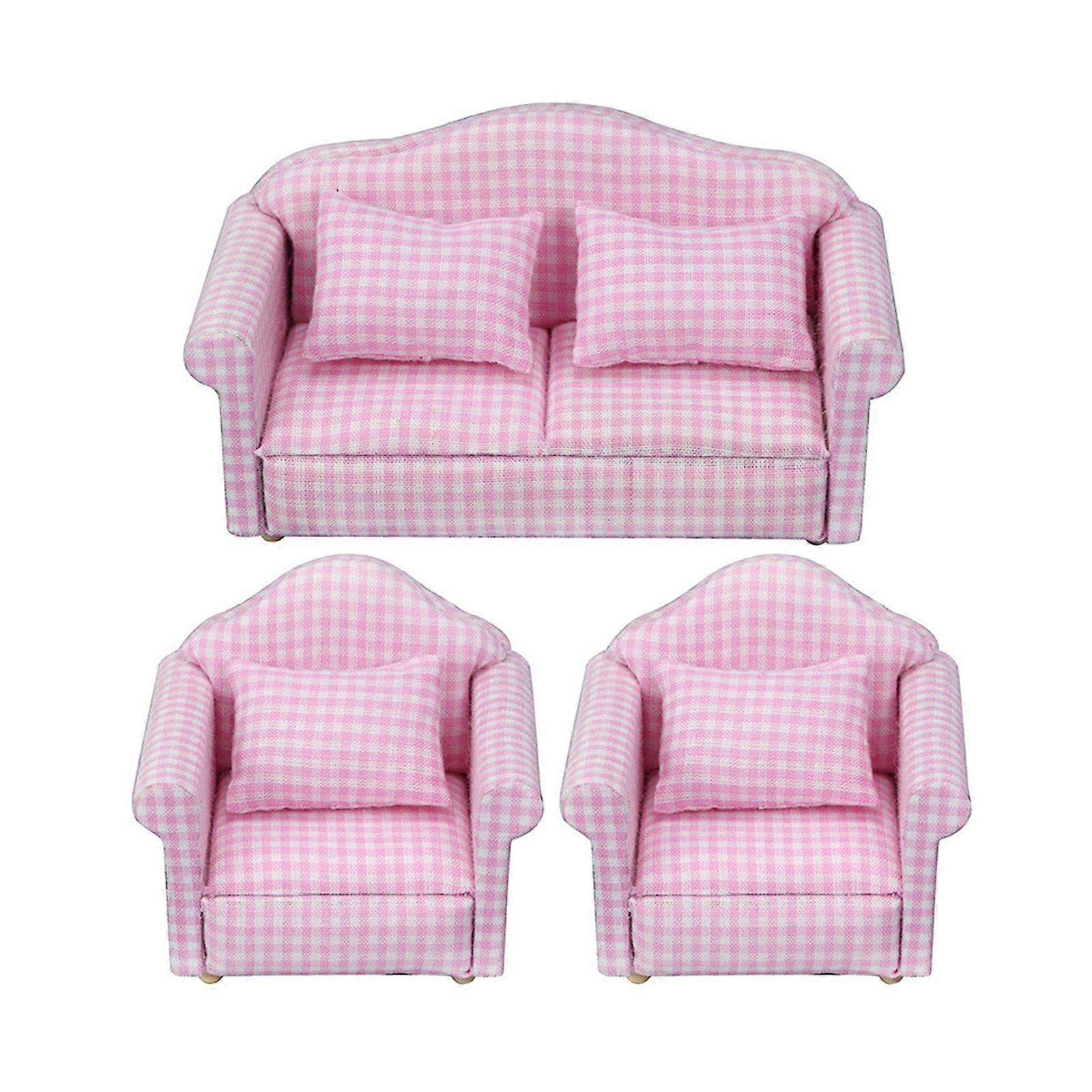 1/12 Scale Miniature Double Single Sofa Set For Doll House Furniture With Soft Pillow And Wooden Frame Scene Decors Multicolor