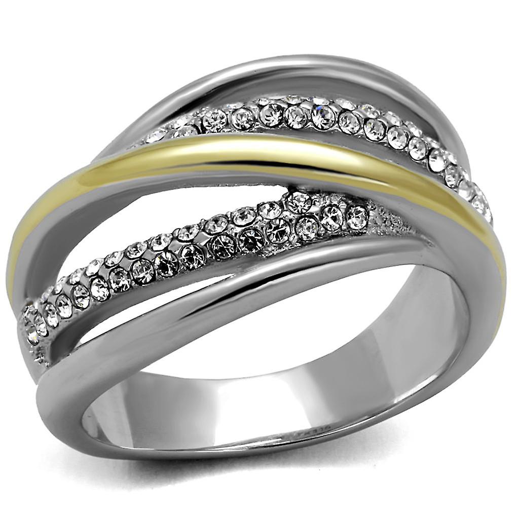Two-Tone IP Gold (Ion Plating) Stainless Steel Ring with Top Grade Crystal in Clear for Women Style TK2263