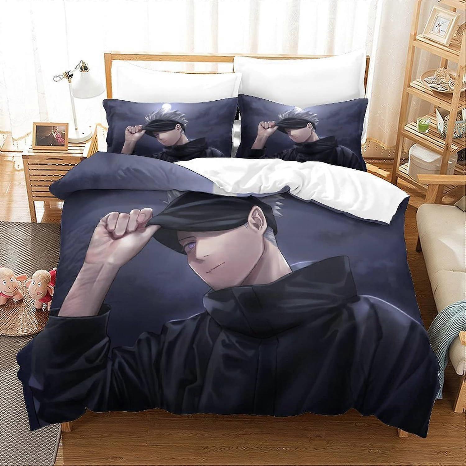 CAYBES Jujutsu Kaisen Duvet Cover Set Luxe 3D Impresso Roupa de Cama Anime Gojo Satoru Capa Colcha para Cama, Ultra Soft Microfiber Set com fronhas Q