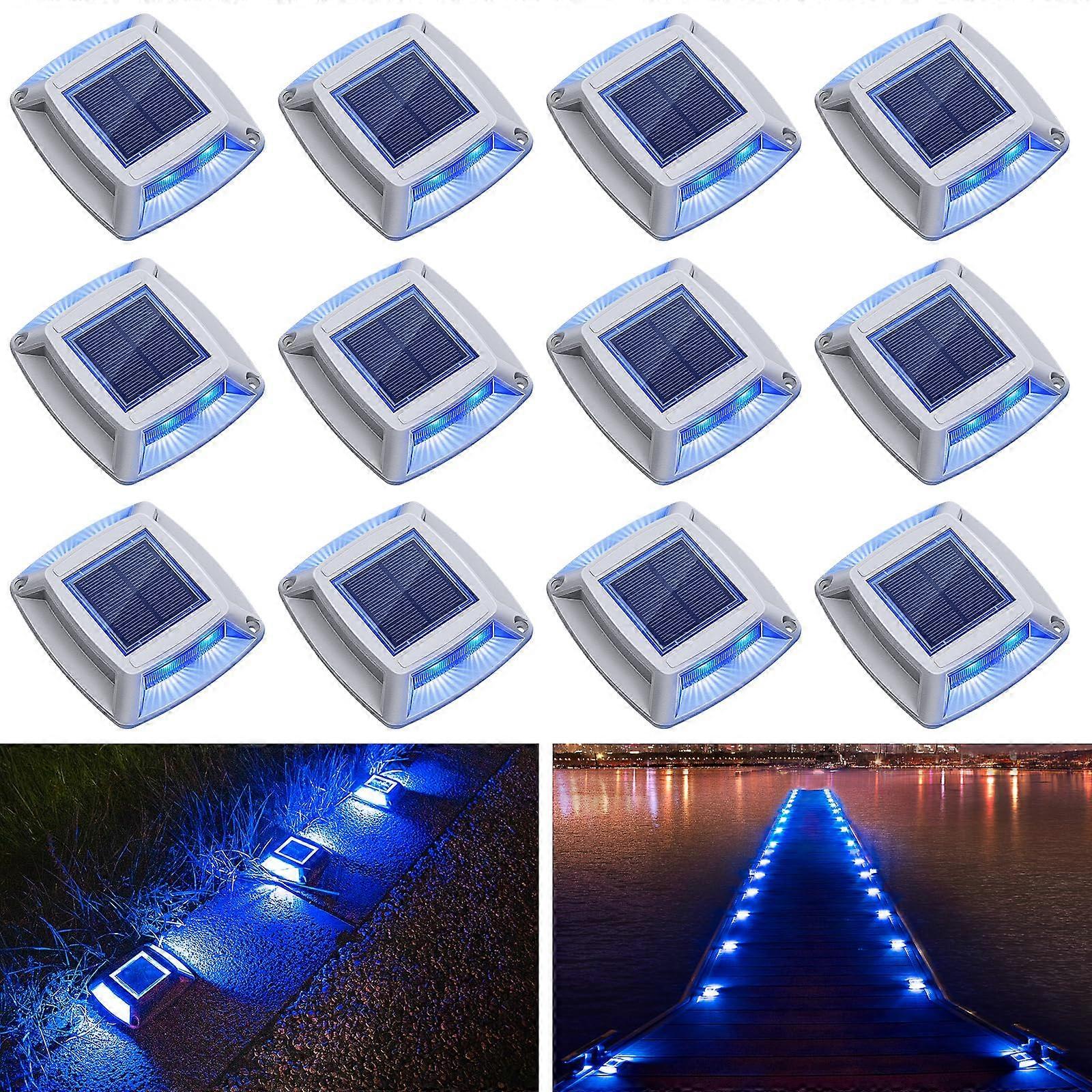 Solar Driveway Lights 12 Pack, Solar Powered IP68 Waterproof Dock Lights, 4 LED Markers For Dock, Pathway, Walkway, Blue