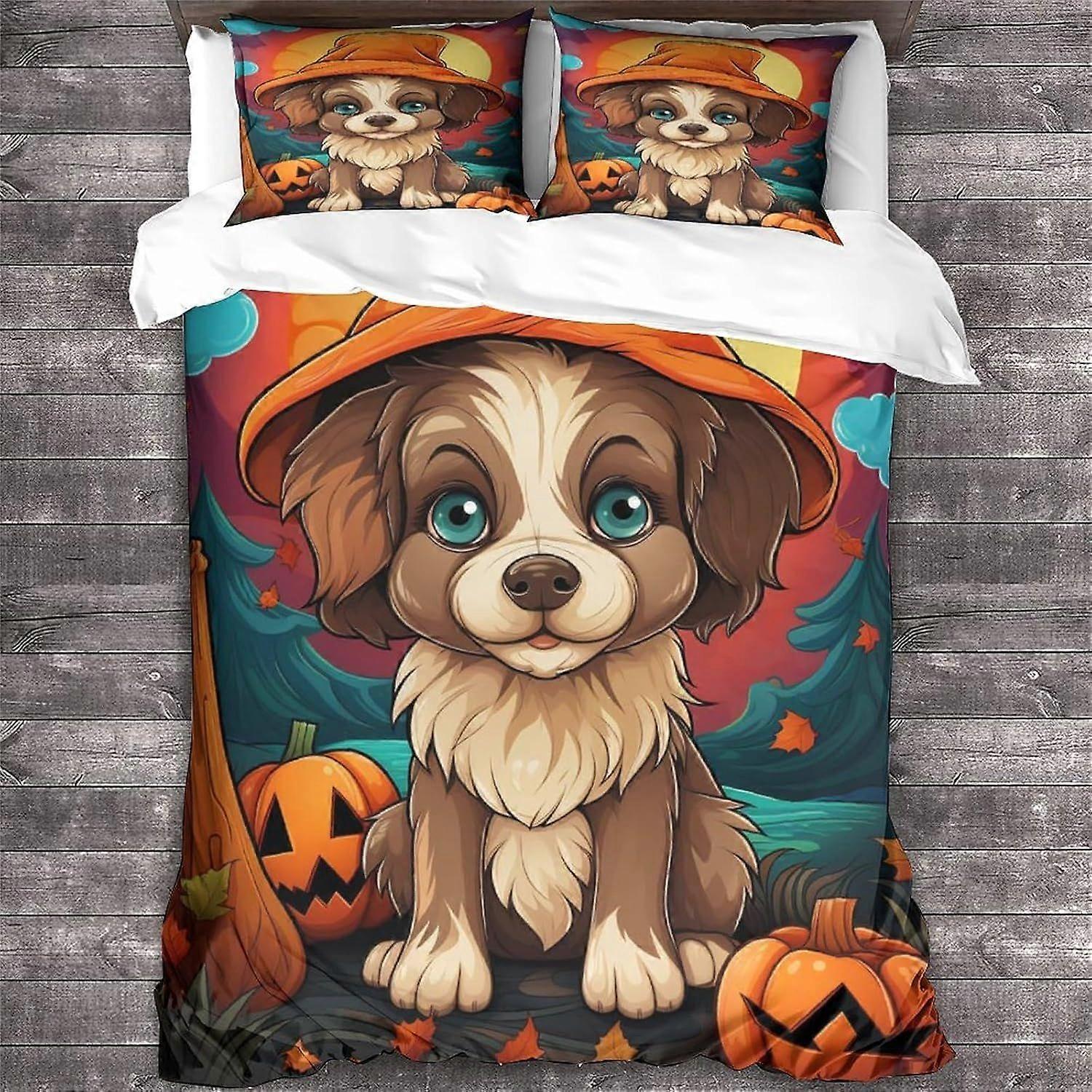 LikeEj 3 Peças Dog Duvet Cover Set 3D Halloween Impresso Animal Tema Cama Colcha Capa edredom com fechamento com zíper, cama de microfibra Duplo