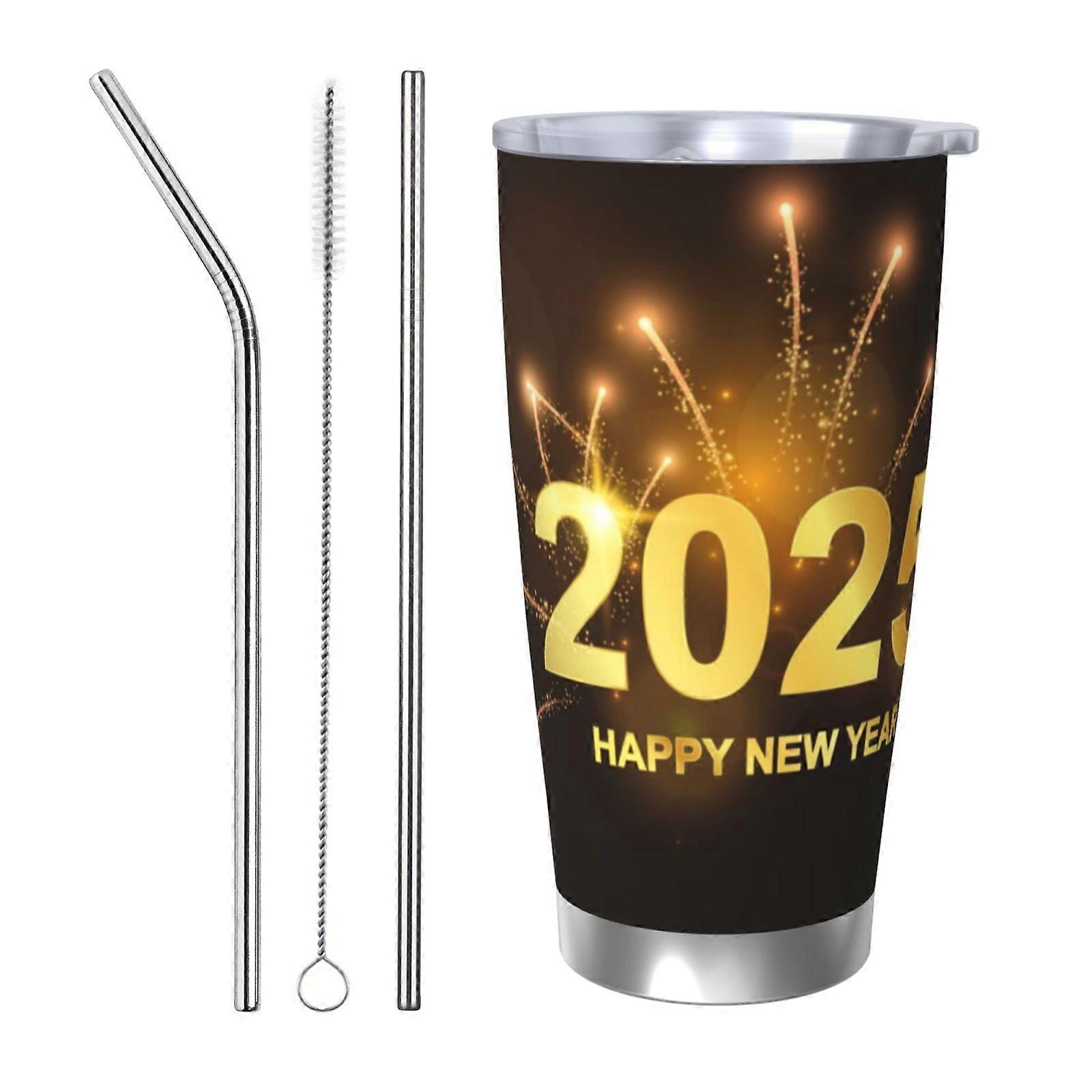 Tasse à café isotherme portable en acier inoxydable avec couvercle, 59 cl, « Bonne année 2025 »