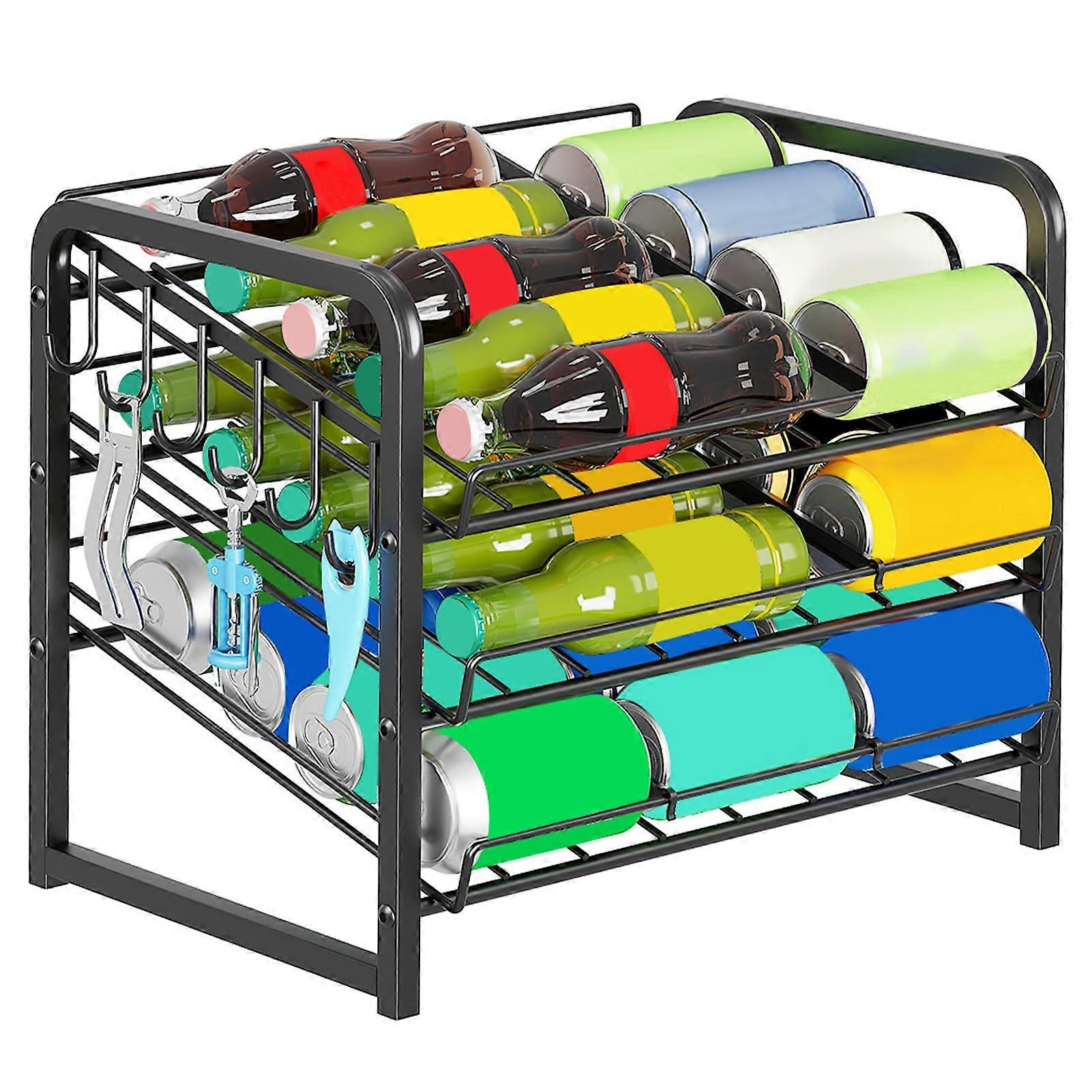 Stackable Can Rack Organizer 3Tier Carbon Steel Shelf for Pantry Cabinet Storage, Holds 36 Cans with Hooks, Black