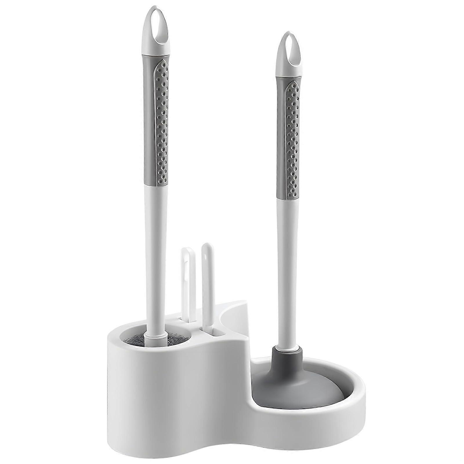 Toilet Plunger and Brush Set 4 in 1 Wall Mounted Space Saving Bathroom Cleaning Kit White and Gray