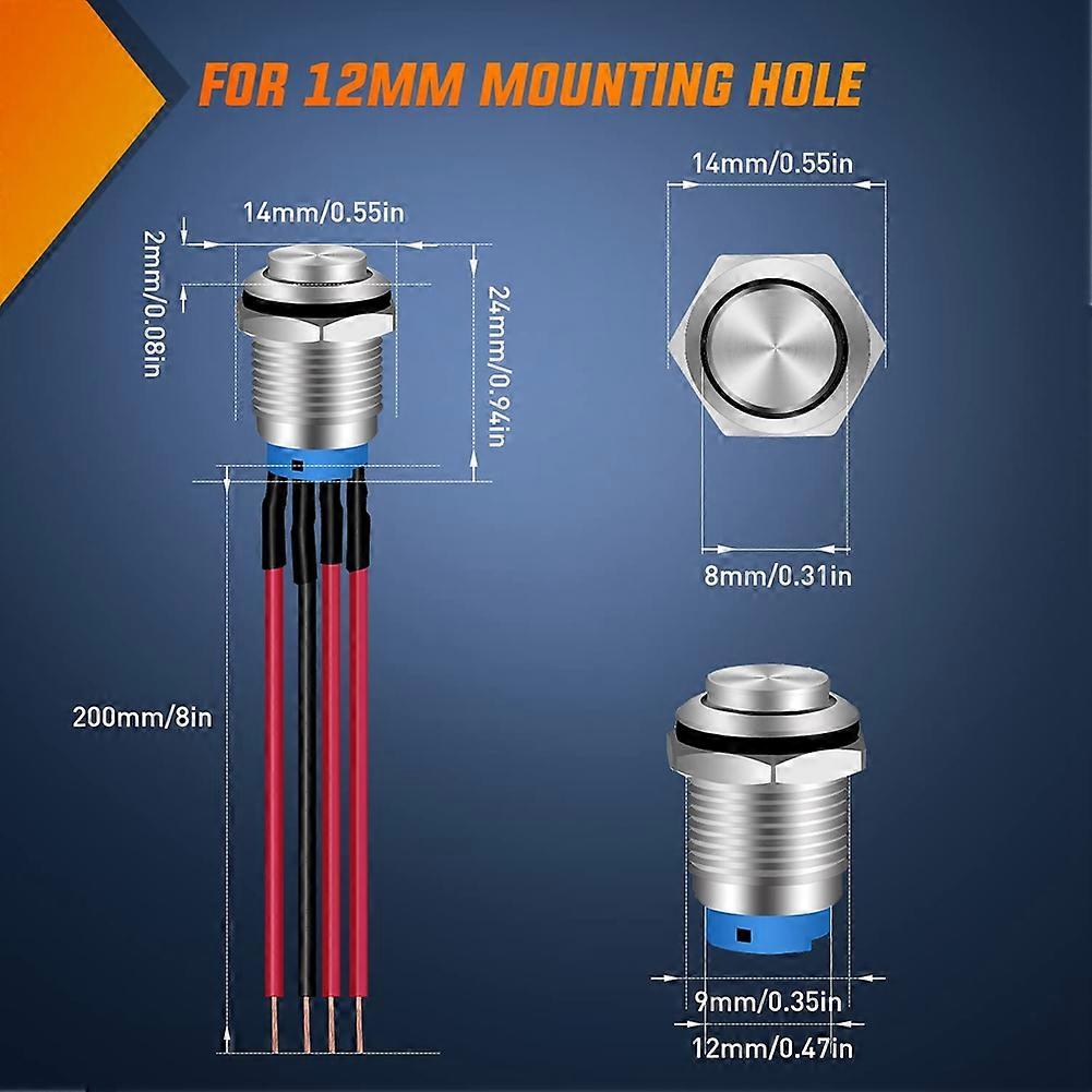 12mm Push Button Switch 5PCS with Pre Wired Harness 12V 24V Self Locking Latching LED Round Waterproof Metal Switch