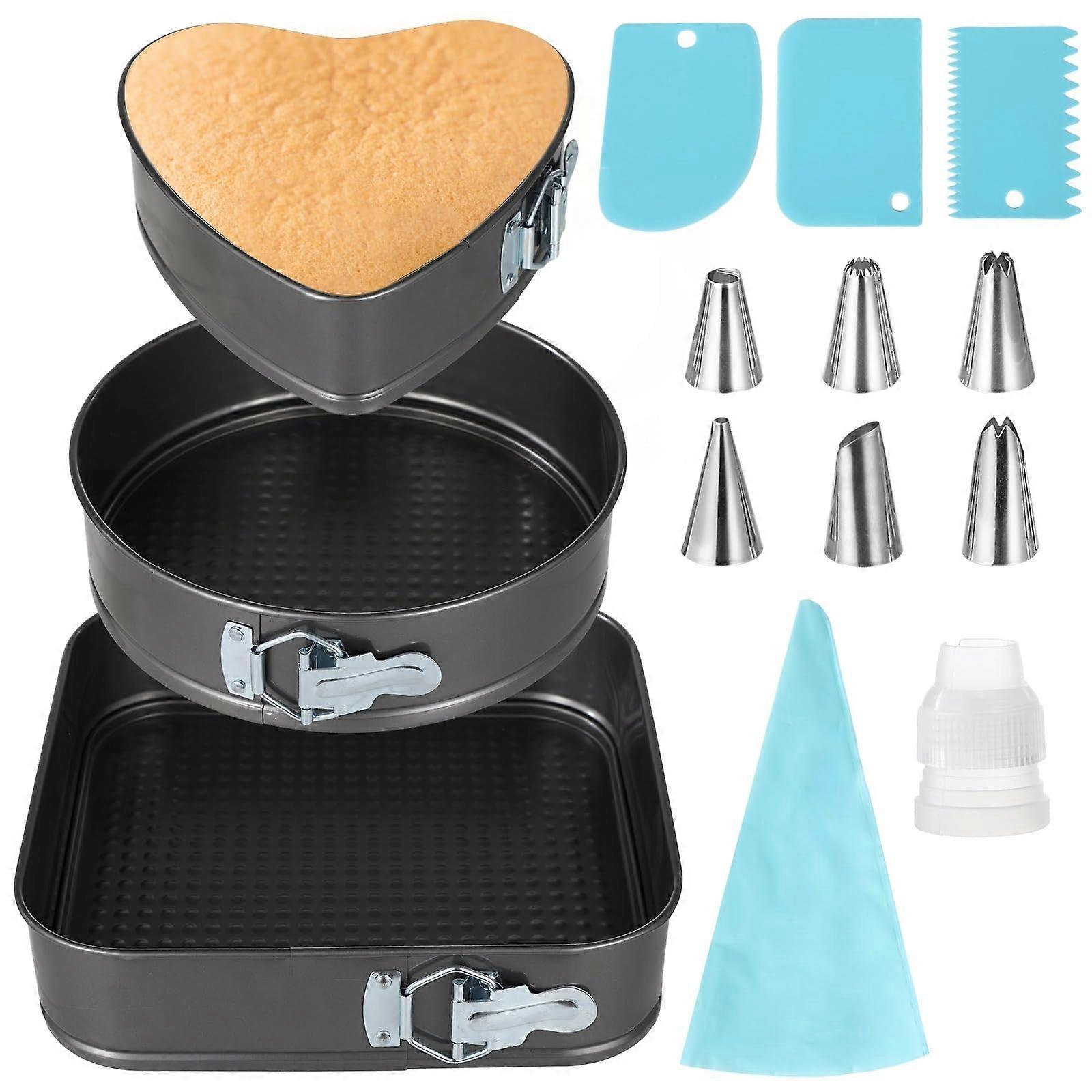 Springform Cake Pan Set 3 PCS Nonstick Cheesecake Pans Heart Round Square Shapes with Piping Tips