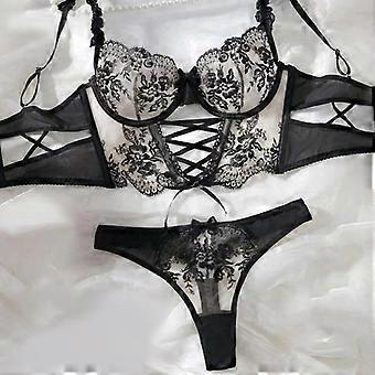 Ensemble de lingerie en maille brodée de fleurs pour femme : soutien-gorge à bretelles croisées + nuisette string à mini nœud