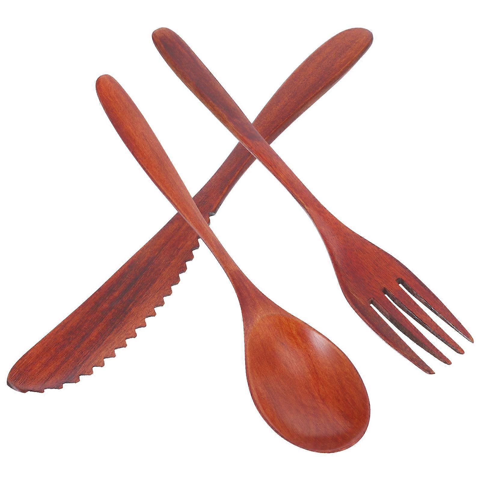 Wooden Tableware Set Fork Spoon Cutlery Kitchenware Safe Environmentally Friendly 3Pcs