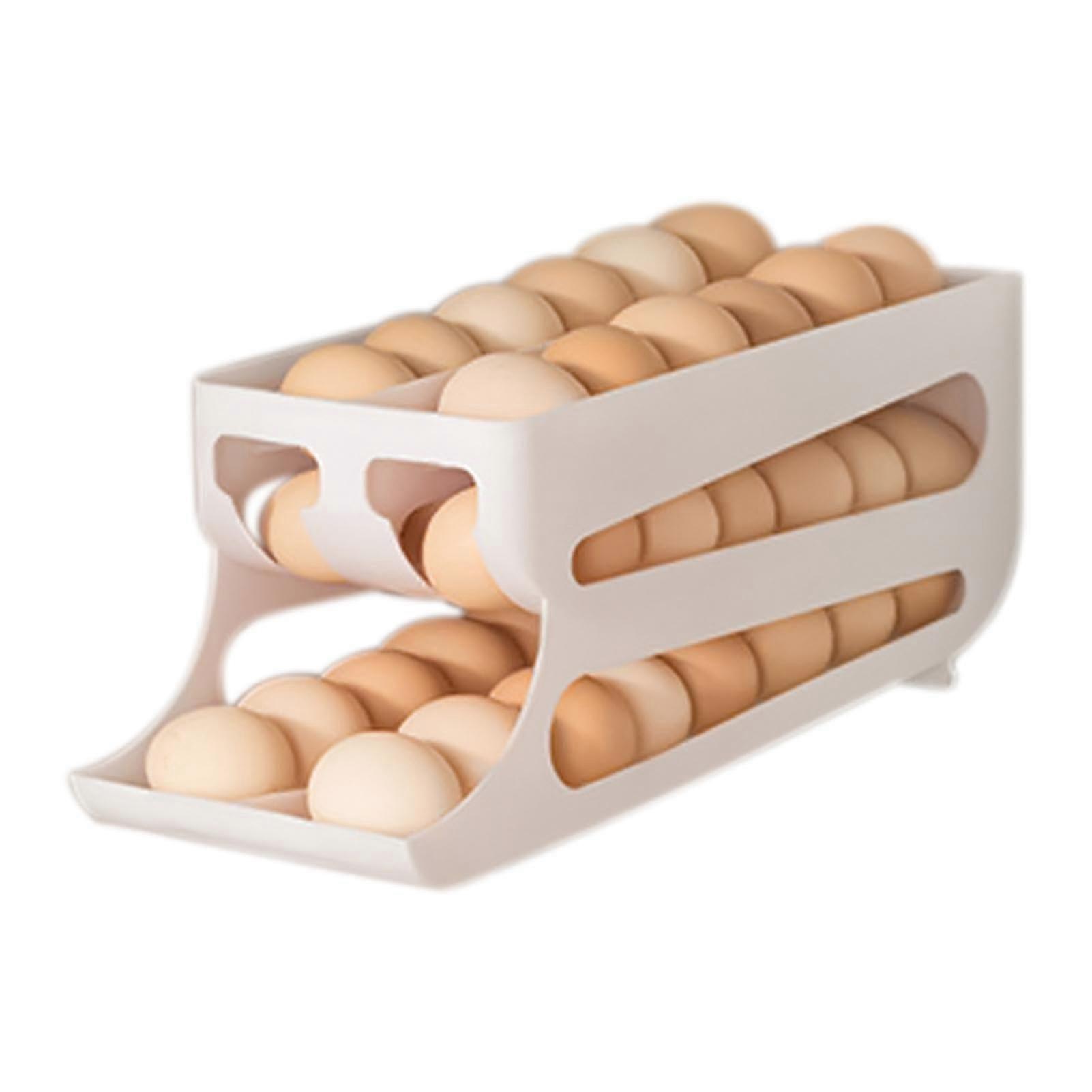 3 Tier Egg Holder for Refrigerator with Large Capacity Automatic Rolling Design Space Saving White