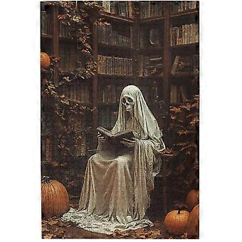 Reading Skeleton in Spooky Library Jigsaw Puzzle Vintage Bookshelves Autumn Vine Leaves Carved Pumpkins CYQL-664