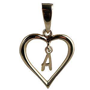 9ct Gold 18x18mm heart Pendant with a hanging Initial A