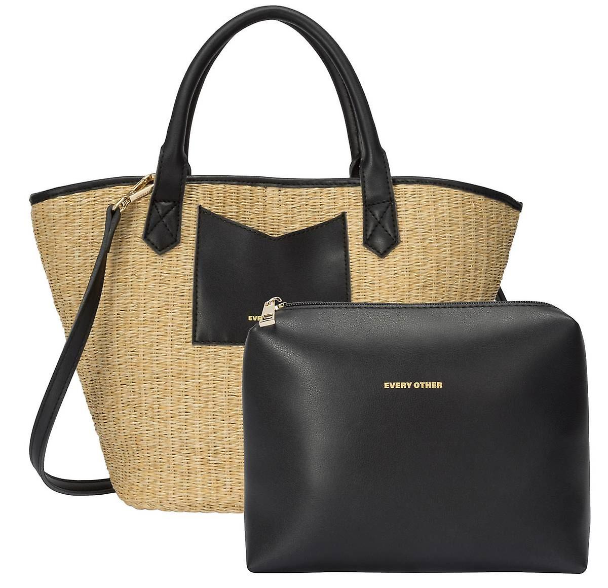 Every Other Large Straw Rattan Tote Bag - Black