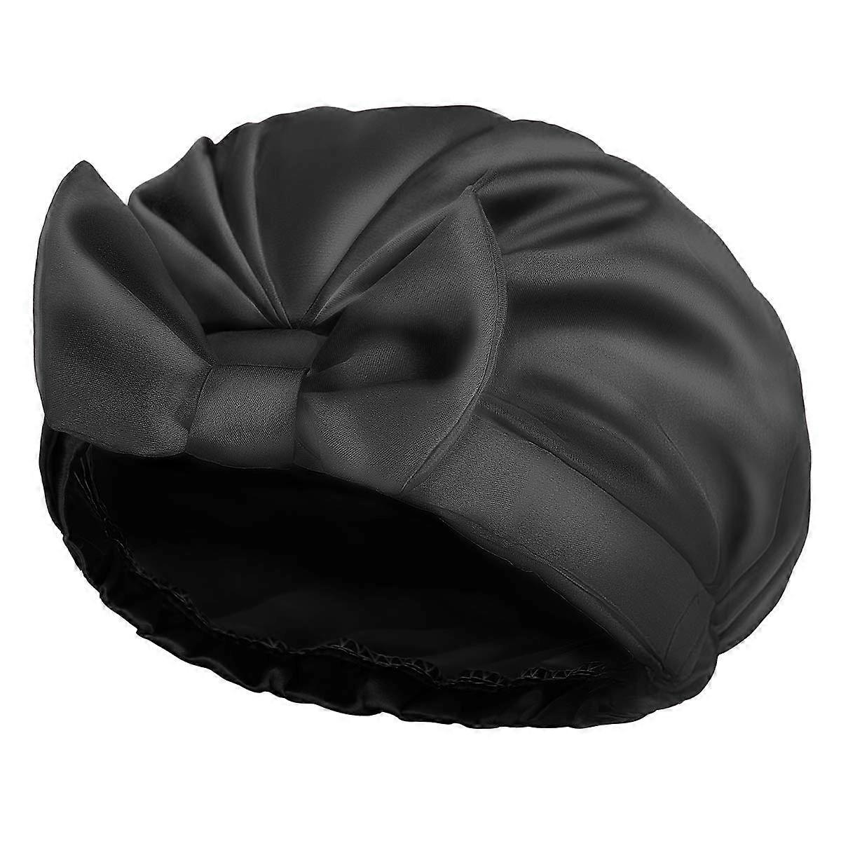 (Black) Extra Large Bow Shower Cap, Double Layer, Reusable, Silk Satin Women's