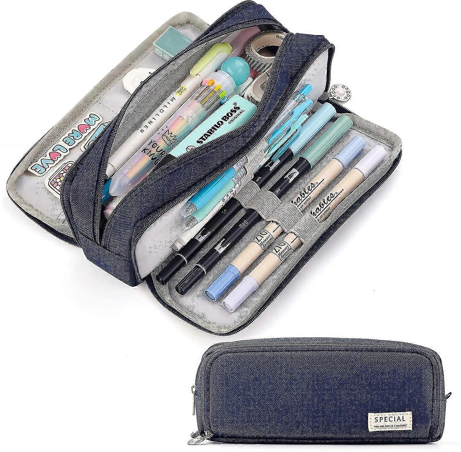 3 Compartments Canvas Pencil Case Large Capacity Pouch For Students