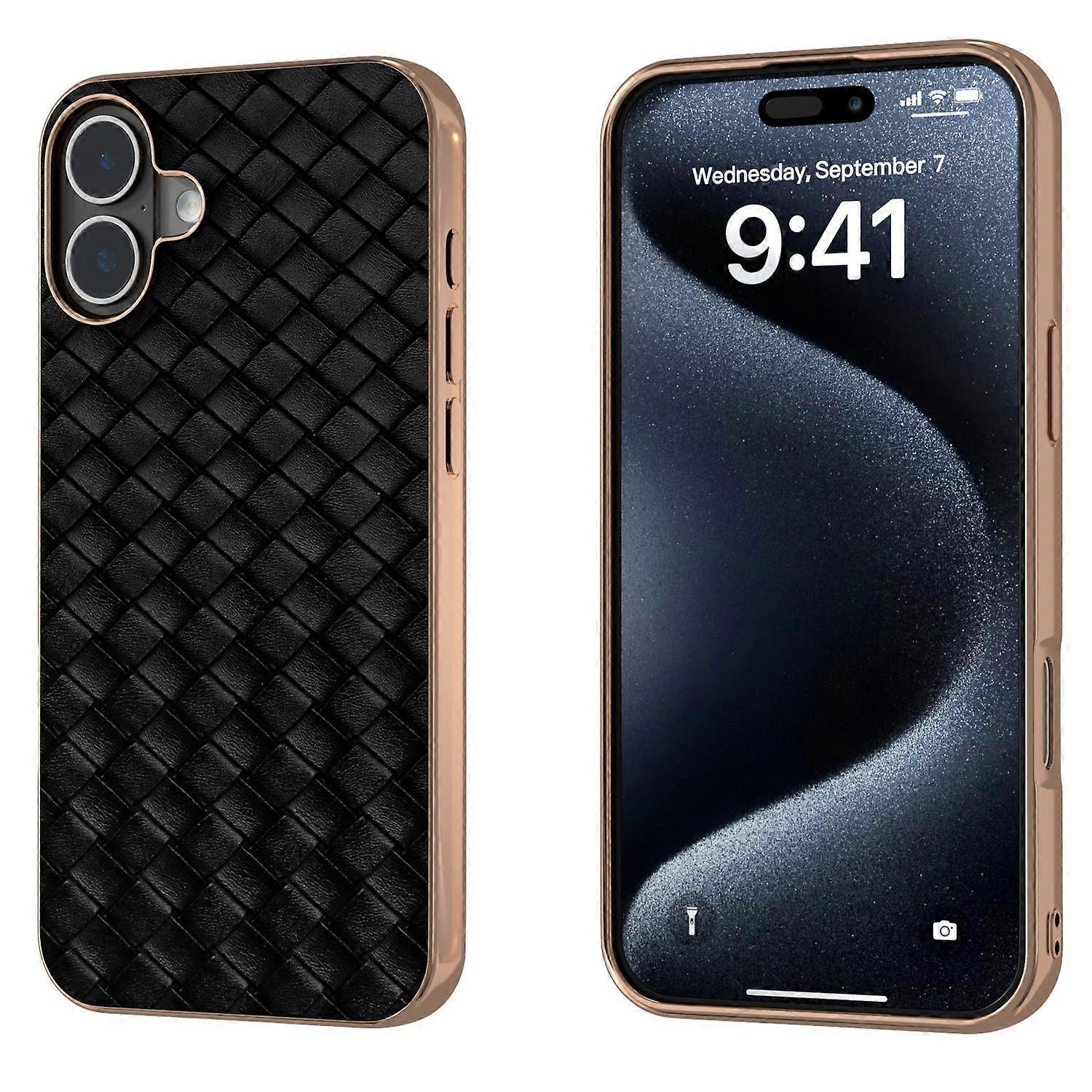Plating Frame Woven Texture PU Case For iPhone 16