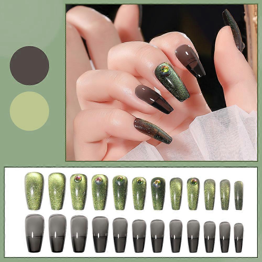 24pcs/box Artificial Nails Forest Green Cat Eye Wearing Nails Press-on Nails