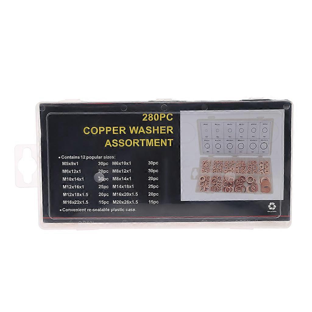 280 Pcs M5-M20 Copper Washers Solid Machine Flat Sealing Ring Kit 12 Sizes