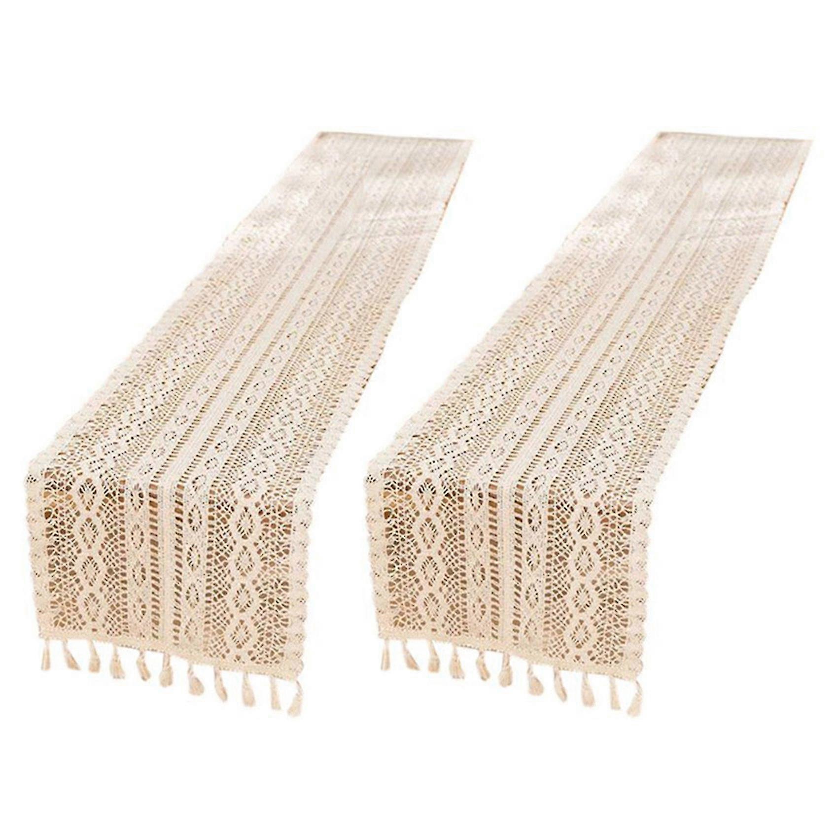2x Elegant Cream Crochet Lace Macrame Table Runner With Tassels For Rustic Chic Wedding Reception T