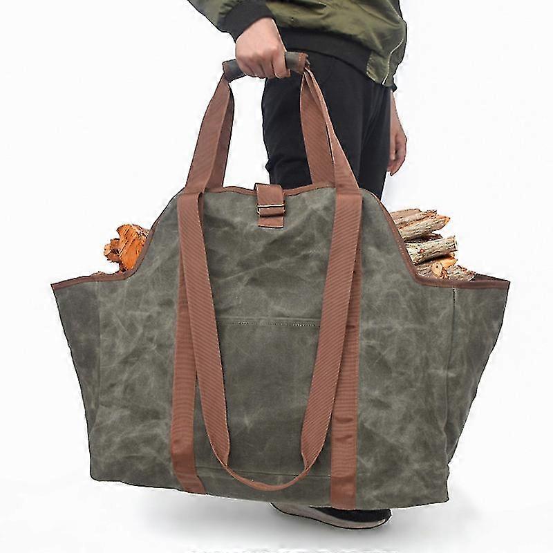 Waxed Canvas Log Tote, Oversized Durable Firewood Rack with Handle and Strap, Heavy Duty