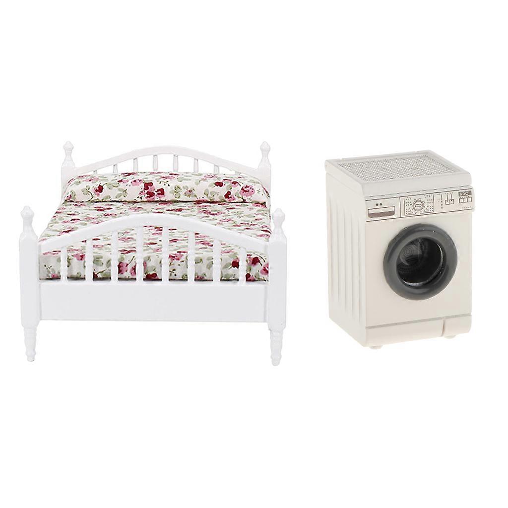 1/12 Scale Doll House Miniature Washing Machine and Double Bed Scenery Decor