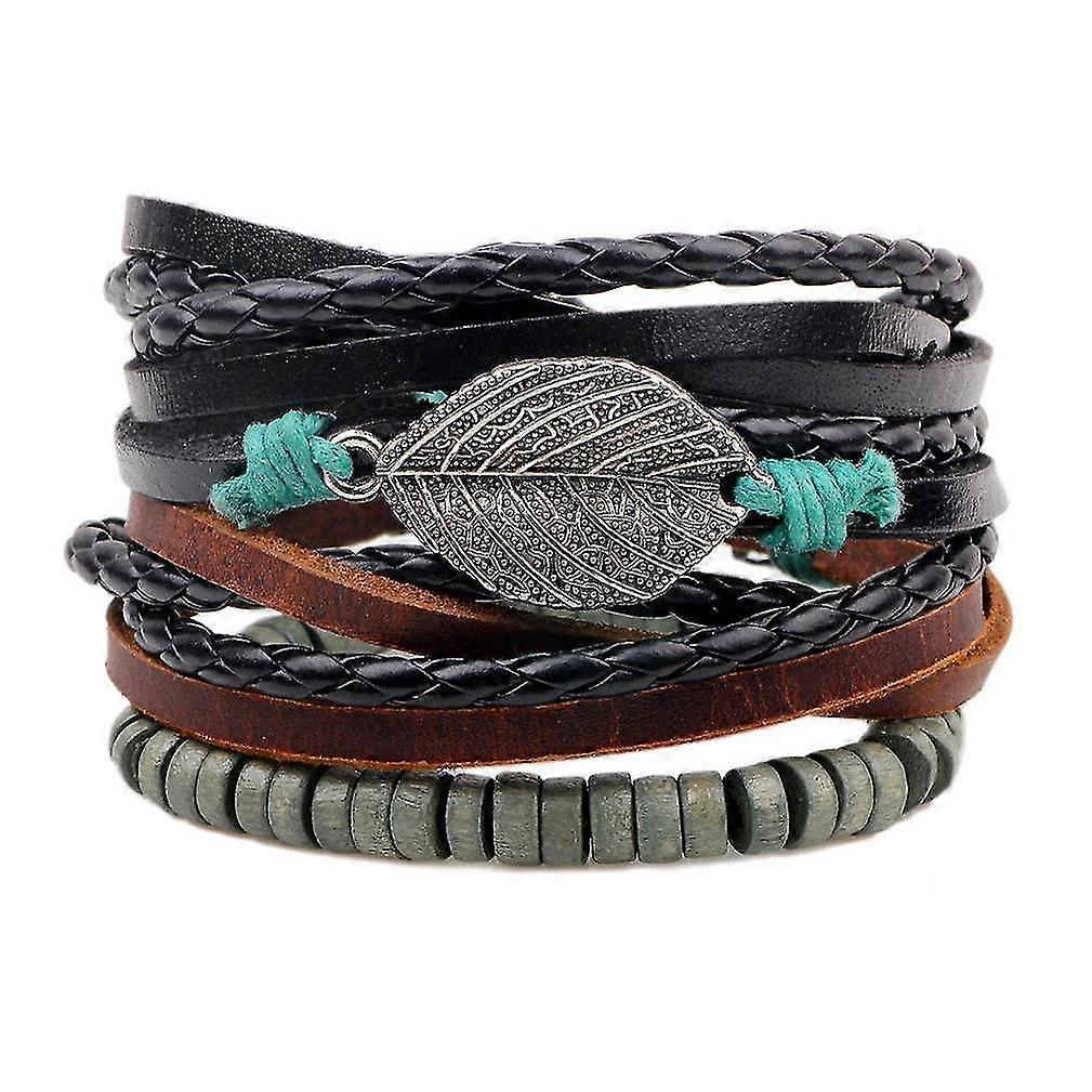 3pcs/lot Multi-thread Beaded Bracelet With Alloy Leaf Pattern