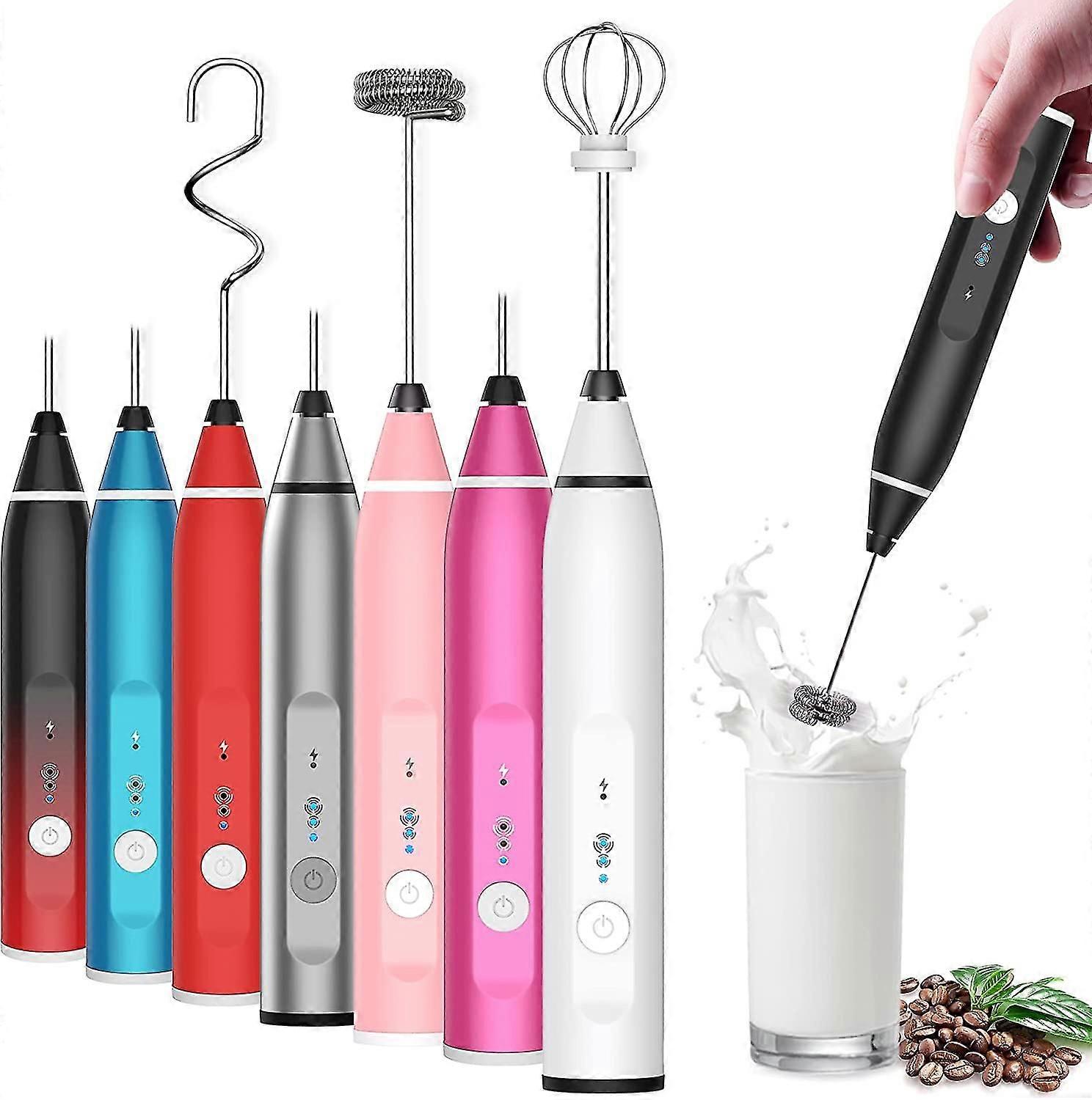 Milk Frother, Rechargeable Handheld Electric Whisk Coffee Frother Mixer With 3 Stainless Whisks 3 Speed Adjustable Foam Maker Blender For Coffee Match