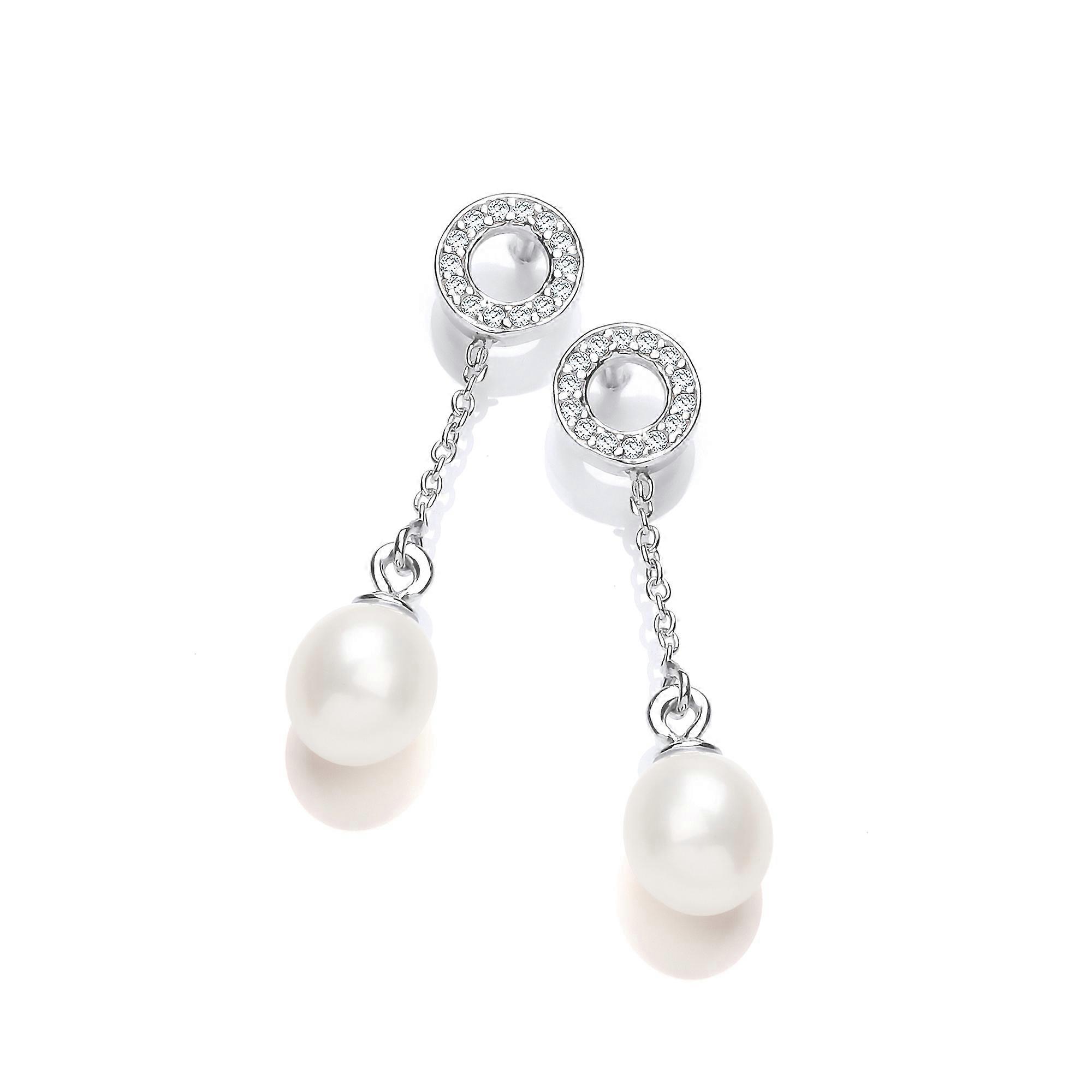 Jewelco London Ladies Sterling Silver Cubic Zirconia & Freshwater Cultured Pearl Halo Chain Drop Earrings 6x8mm